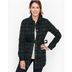Talbots XS Plaid Shirt Jacket Belted Green Black‎ Fabric Woven in Italy